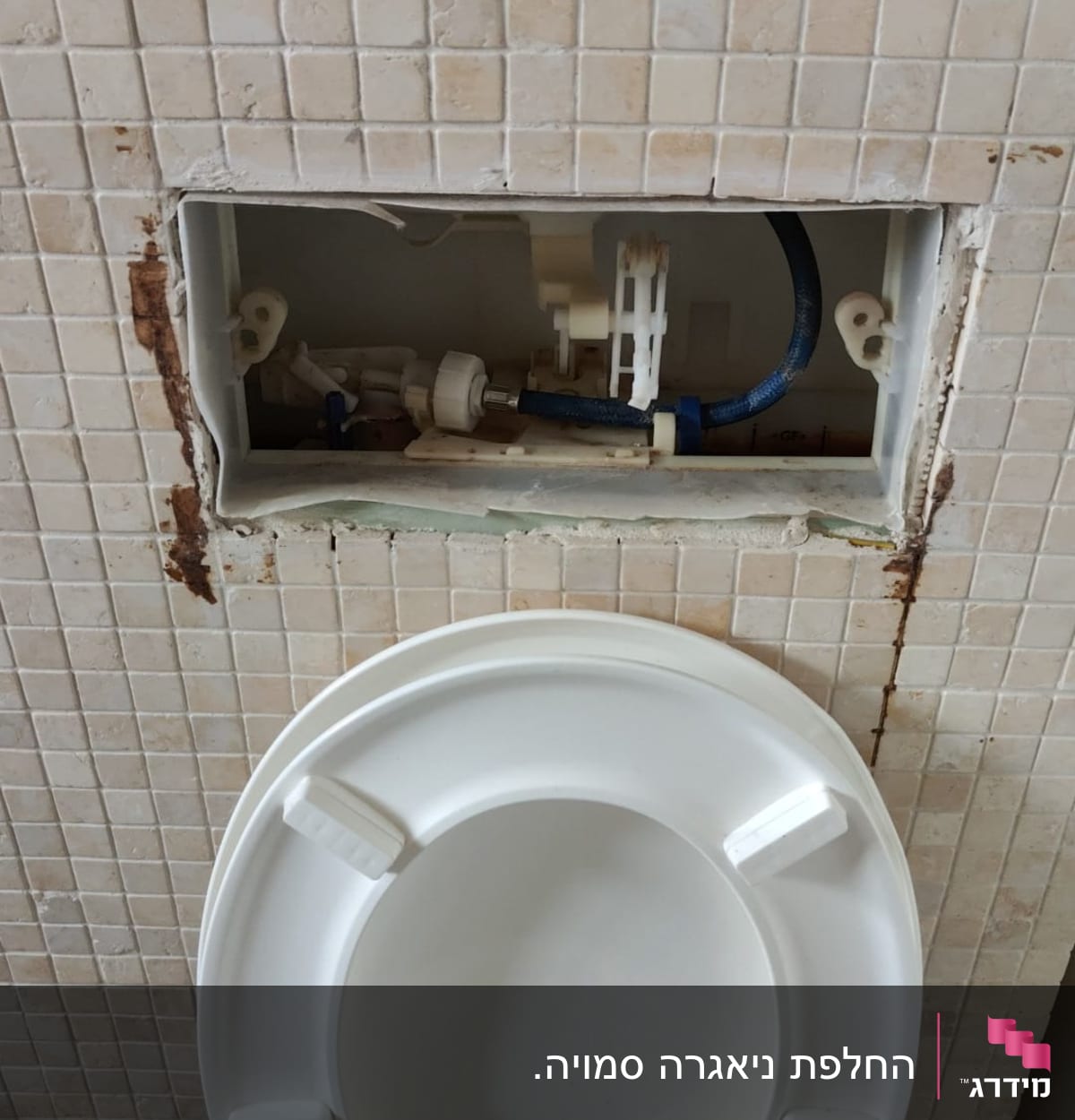מיכל הדחה פתוח עם צינור וחלקים פנימיים